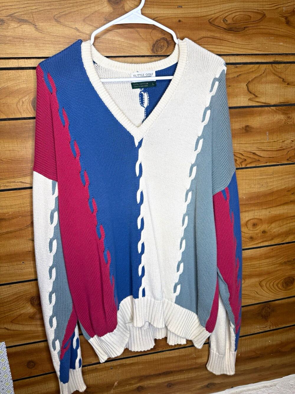 Vintage Tuttle Golf Men's Colorblock V-Neck Knit Pullover Sweater L 100% Cotton